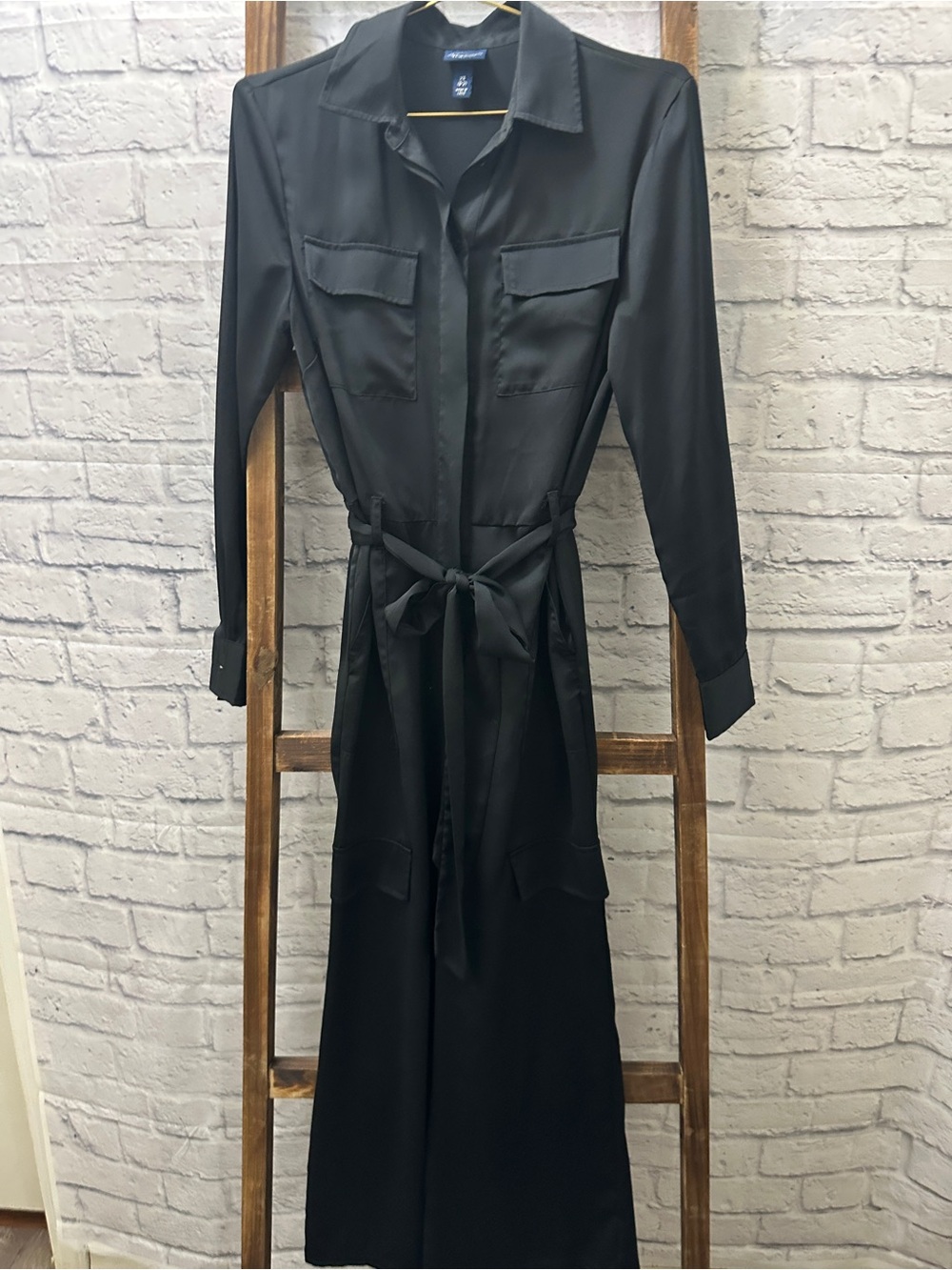 Black Utility Shirt Jumpsuit with Tie Waist